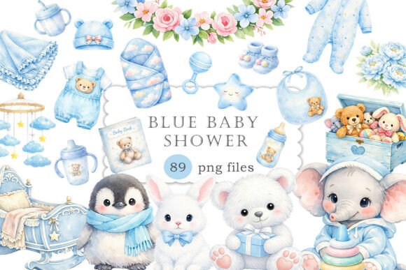 Blue Baby Shower Clipart: Soft Watercolor PNG Art for Your Projects