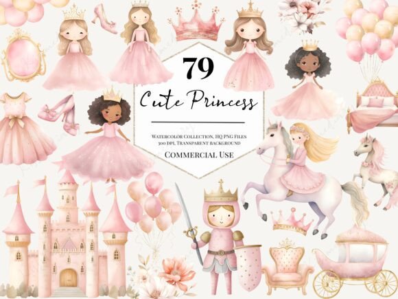 Enchanting Watercolor Cute Princess Clipart for Modern Creators