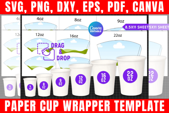 Paper Cup Wrapper Template Bundle: 6 Sizes for Every Need