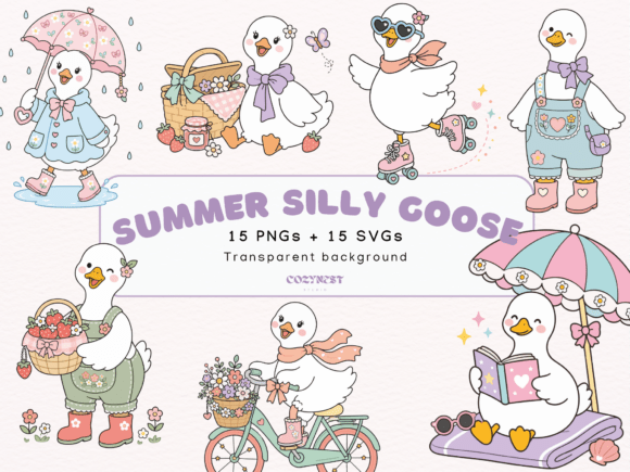 Silly Goose Summer Cliparts: Adorable Pastel Designs for Every Project