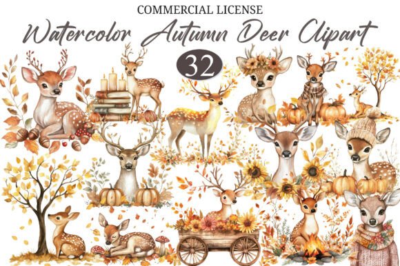Watercolor Autumn Deer Clipart Bundle: 32 Designs for Fall Projects