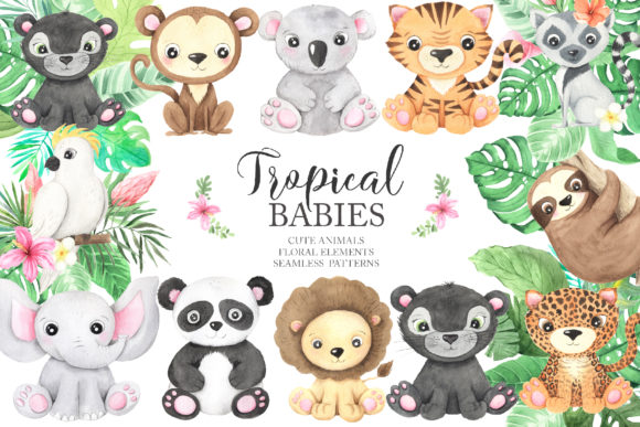 Watercolor Tropical Animals Clipart for Gentle Branding